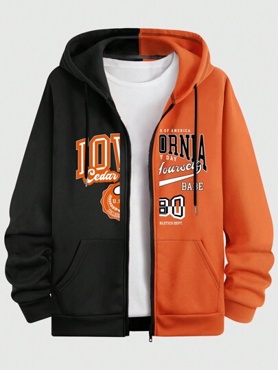 Prep Men Two Tone Letter Graphic Zip Up Drawstring Thermal Hoodie