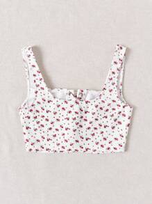 Soleia Leisure Vacation Cami Top With Ditsy Floral Printed, Metal Ring Eyelet Details And Cross Straps - Multicolor - View 3