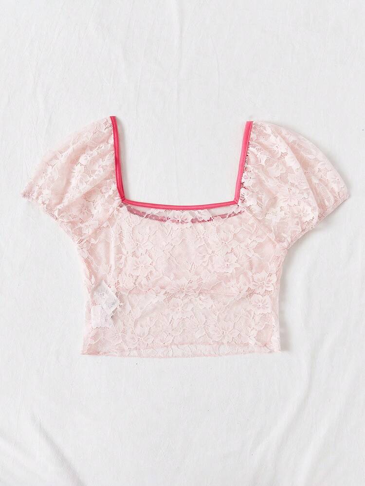 Women Vacation Style Square Neckline Short-Sleeve Lace T-Shirt With Pink Butterflies And Hem Decoration For Easter Day, In Clashing Magenta Color