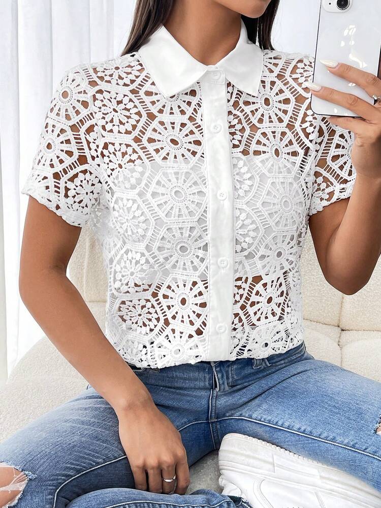 Ladies' Solid Color Lace Hollow Out Short Sleeve Blouse