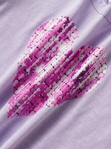 SHEIN 2入組幼兒女童休閒運動心形及亮片印花短袖t恤和短褲套裝,適用於春夏戶外活動 - 紫色 - 查看 10