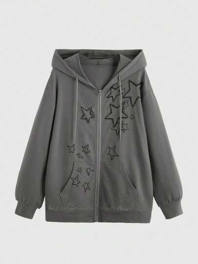 ROMWE Fairycore 星星印花拉链抽绳连帽衫、学校、长袖上衣