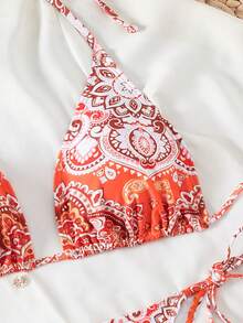 SHEIN Swim Bộ bikini in hoa cổ điển đi biển mùa hè - Đỏ - Xem 5