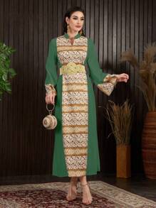 Al Najma Women's Fashionable Printed Patchwork Long Sleeve Arabian Dress