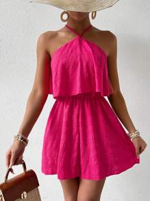 Breezaya 夏季純色露背連身短褲，緊身腰設計