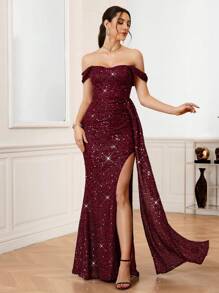 SHEIN Belle 勃艮第红色女士露肩高开衩亮片晚礼服、派对礼服、长袍、正式礼服、婚礼宾客礼服