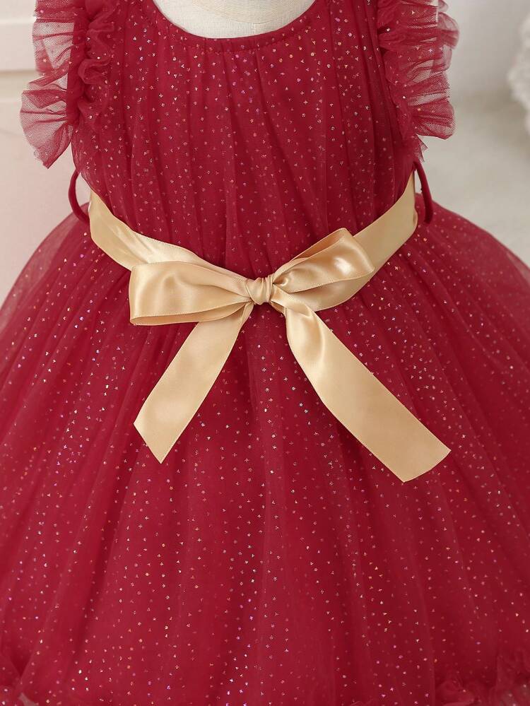 Baby Girl Beaded Mesh Tulle Fluffy Elegant Dress For Birthday Party, Evening, Wedding, Baptism, 1st Birthday, Etc.