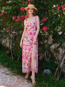 Vestido sin mangas con abertura alta y estampado floral en todo el vestido, adecuado para vacaciones de verano en color rosa - Rosa - Ver 7