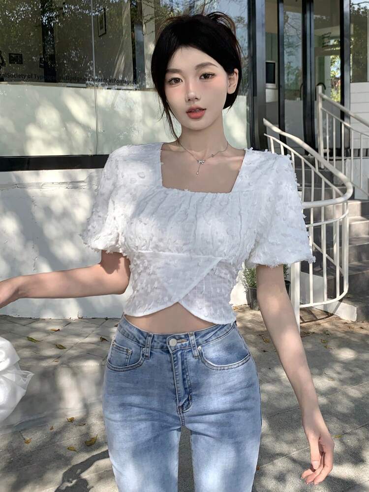 Women's Square Neck Short Sleeve Asymmetrical Hem Shirt,Crop Tops Women