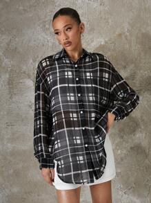 SHEIN EZwear 格紋和花卉印花黑白織物女襯衫 - 黑與白 - 查看 5