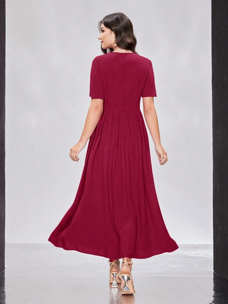 Ladies' Solid Color Pleated Square Collar Cinched Waist Dress Long Evening Dresses