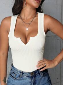 NostaNoir Ladies' Solid Color Notched V Neck Ribbed Tank Top - White - View 3