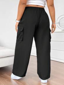Flirla Plus Size Elastic Waist Flip Cover Pocket Casual Straight Pants Fall Cloth For Women - Black - View 2