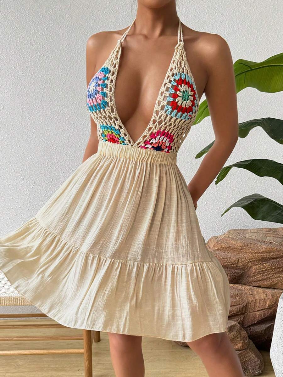 Breezaya Vestido bohemio de parche de cuello en V de longitud media con estampado floral multicolor tejido a mano, para vacaciones y sesión de fotos