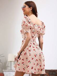 Breezaya 櫻桃印花泡泡袖短裙 - 粉色 - 查看 2