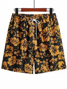 男士夏季花卉印花直筒休閒沙灘短褲,度假風情 - 黃色 - 查看 1