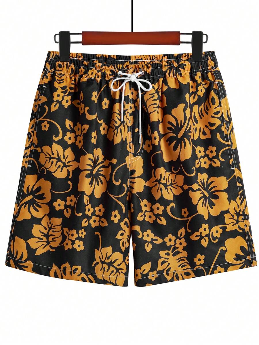 男士夏季花卉印花直筒休閒沙灘短褲,度假風情 - 黃色 - 查看 1