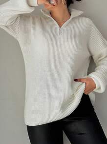 EURMUSE Plus Half Zip Drop Shoulder Sweater - Apricot - View 4