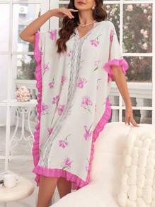 CottageSlumber CottageSlumber Women's Loose Fit Sleep Dress Pajama Dress With Wide Sleeves, Contrast Color Ruffle Hem And Floral Print Long Dress Women Plus Sleepwearwomen Sleepwear