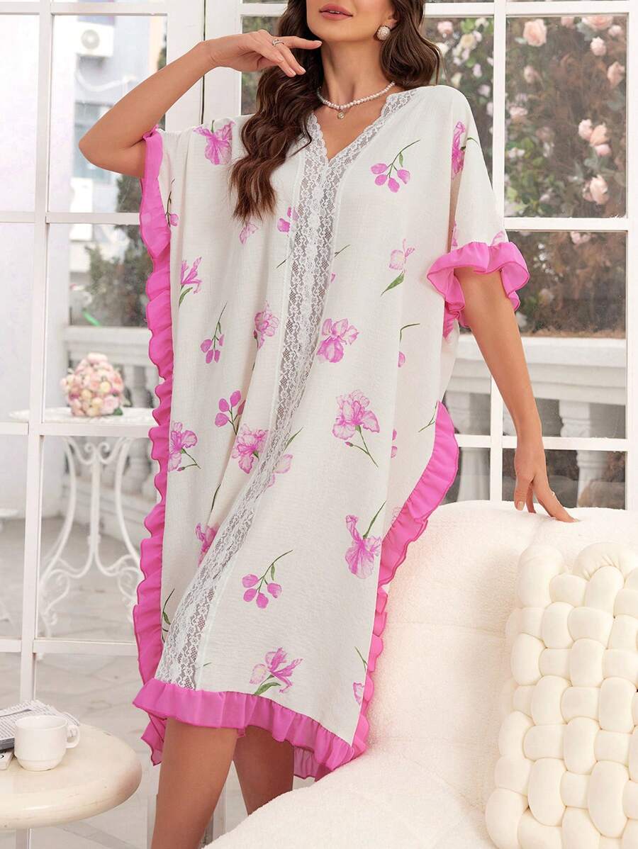 CottageSlumber CottageSlumber Women's Loose Fit Sleep Dress Pajama Dress With Wide Sleeves, Contrast Color Ruffle Hem And Floral Print Long Dress Women Plus Sleepwearwomen Sleepwear