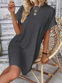 INAWLY Vestido Con Mangas Murciélago Y Bolsillos Diagonales En Un Solo Color Sólido - Gris Claro - Ver 5