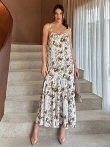 SHEIN Essnce Women's Vintage Floral Printed Spaghetti Strap Dress - Brown - View 1