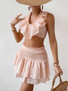 Breezaya Ensemble deux-pièces avec broderie ajourée et volant de couleur unie - Vieux Rose - Voir 6