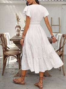 Breezaya 纯色斜领褶皱腰分层下摆连衣裙长款度假海滩装女款 - 白色 - 查看 2