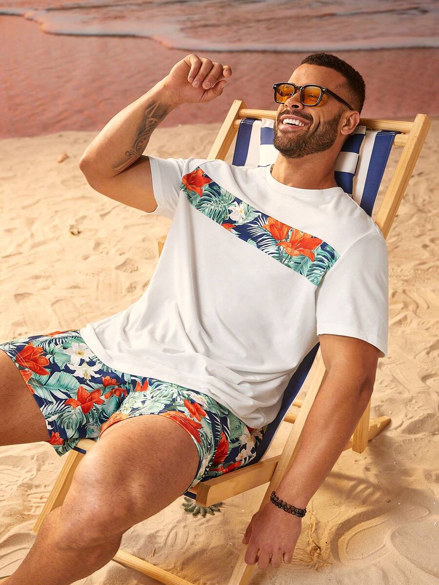 Manfinity RSRT Ensemble casual d'été pour hommes de grande taille, t-shirt et short à imprimé tropical contrasté, plage, Hawaï, tropical, coloré, manches courtes - Multicolore - Voir 1