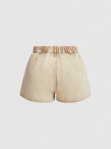 SHEIN MOD Plus Size Plain Fold Pleated Denim Shorts - Khaki - View 2