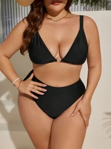 SHEIN Swim Curve 夏季沙滩加大码纯色褶皱泳裤，沙滩度假风 - 黑色 - 查看 6
