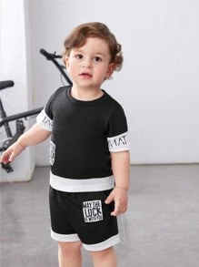 Stylish Streetwear Baby Boy's 2 In 1 Letter Print Short Sleeve T-Shirt And Shorts Set - Multicolor - View 1