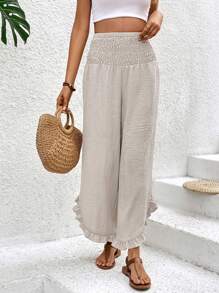 SHEIN VCAY Women's High Waist Wrap Front Wide Leg Pants - Khaki - View 5