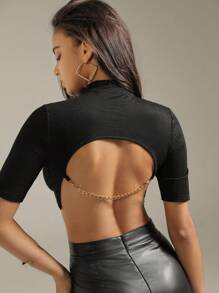 Anewsta Solid Color Slim Fit Cropped Short Sleeve T-Shirt With Small Stand-Up Collar