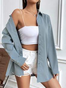 SHEIN Unity 女士純色下垂肩長袖襯衫 - 藍色 - 查看 5