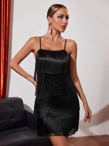 Zolique Layered Fringe Trim Satin Cami Dress - Black - View 4