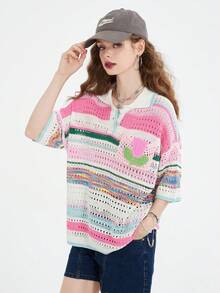 Kem chống nắng Rỗng Áo Knit ngọn 2023 Xu hướng Mới Đan Áo polo Đối với phụ nữ Áo Với Dễ thương Patch Giải trí Áo Đối với phụ nữ Ins - Hồng - Xem 5