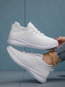 女款增高軟底舒適圓頭鞋帶運動鞋,夏季白色休閒透氣網布運動鞋 - 白色 - 查看 5