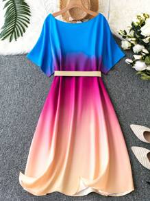 SHEIN LUNE Plus Size Gradientowa, asymetryczna sukienka z paskiem na ramieniu - Wielokolorowe - Zobacz 2