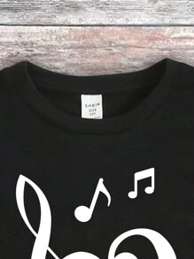 SHEIN Leap Crew Teen Girl Music Festival Casual Short Sleeve T-Shirt With Simple Musical Note Pattern, Summer - Black - View 3