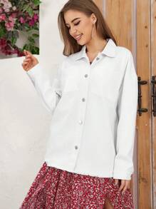 SHEIN LUNE Button Front Frayed Hem Denim Jacket - White - View 4