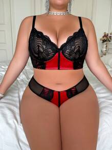 2pcs Plus Size Women's Sexy Lingerie Set With Lace Splicing And Underwire