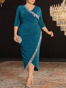 Modelyn Robe Drapée Ruchée Grande Taille À Paillettes Et Franges