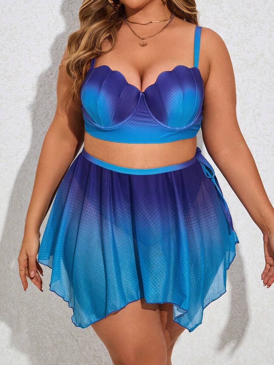 SHEIN Swim Curve Plus Size Ombre Bikini Set, Underwire Bikini Set With Cover Up Skirt Bathing Suit Beach Outfit Summer Vacation,Summer Beach - Multicolor - View 1