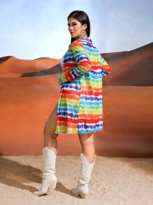 Swim EVENT Summer Women's Tie-Dyed Open-Front Long Sleeve Shirt Collar Western Kimono Dress