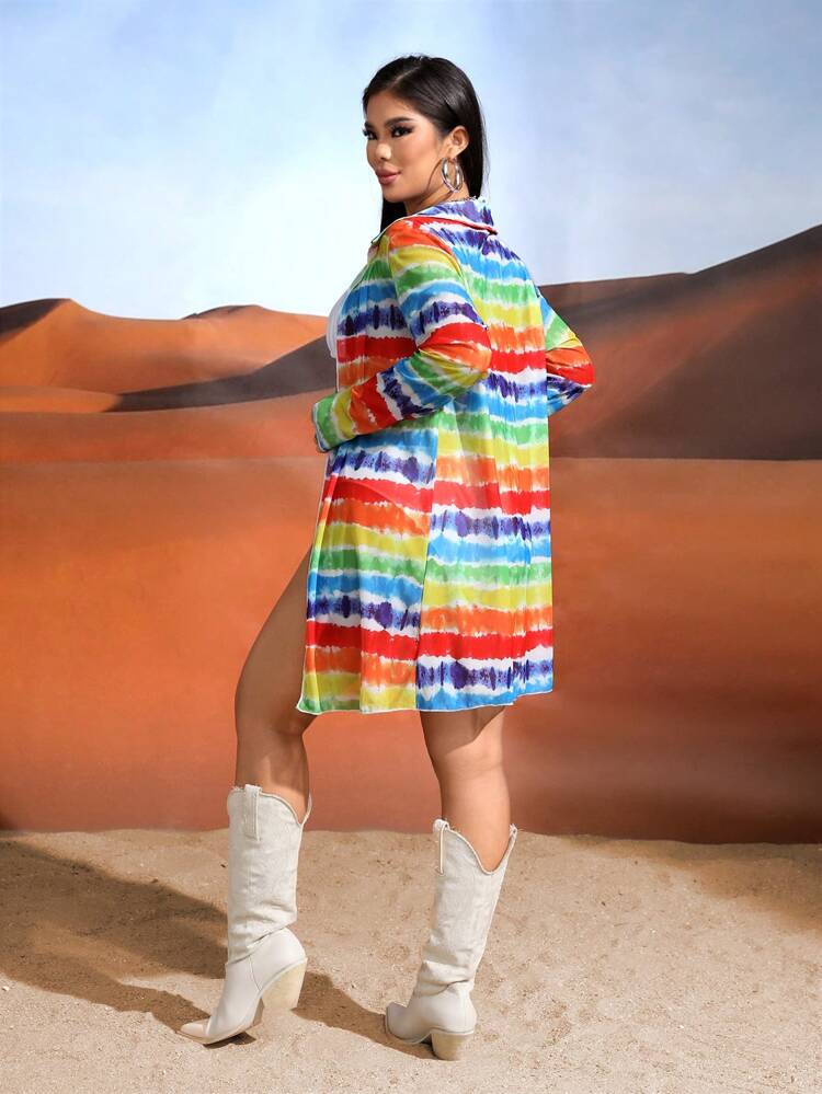 Summer Women's Tie-Dyed Open-Front Long Sleeve Shirt Collar Western Kimono Dress