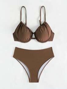 SHEIN Swim 夏季海滩女士纯色褶皱两件套比基尼套装（带钢圈支撑） - 咖啡棕 - 查看 6