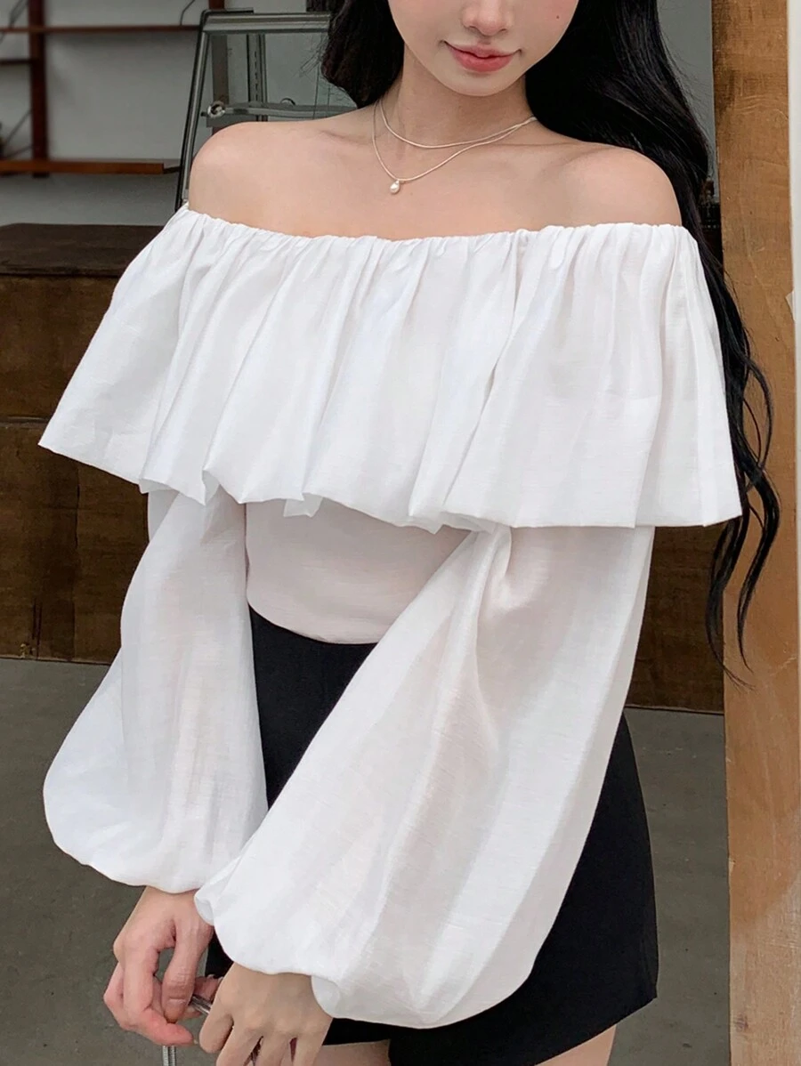 DAZY Solid Color Off-Shoulder Ruffle And Lantern Sleeve Women's Shirt,Off Shoulder Top Long Sleeve Top Going Out Tops - White - View 1