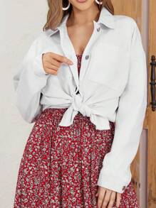 SHEIN LUNE Button Front Frayed Hem Denim Jacket - White - View 1