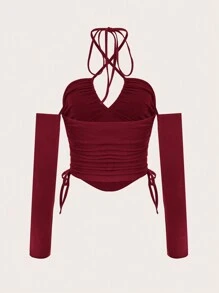 SHEIN ICON Áo thun nữ Hội Chữ thập Dây kéo Xù Buộc lại Cao thấp màu trơn Gợi cảm - Màu Đỏ Sâu - Xem 2